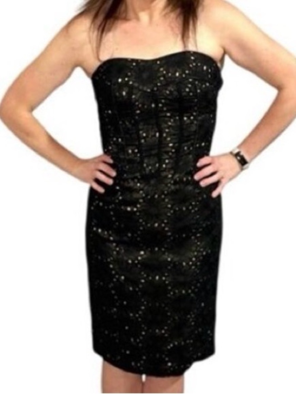 Badgley Mischka Strapless Cocktail Dress - Midi Sheath Lace Overlay Black Sz 4